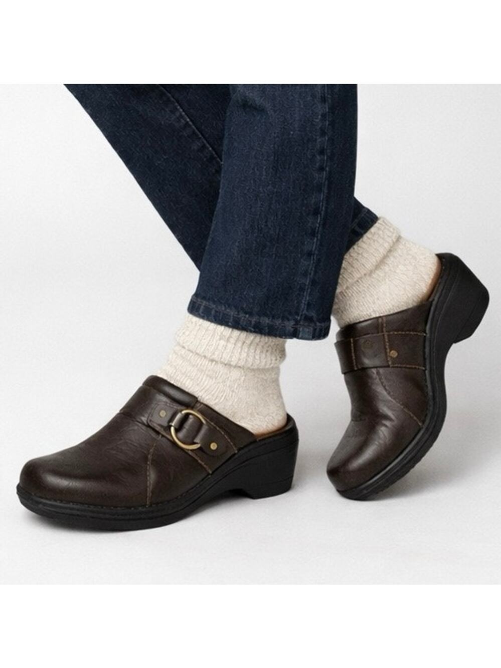 Judith Brown Leather Mule Clogs Slip On Comfort Shoes Buckle Accent Women 9M